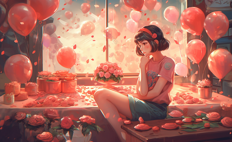 卡通感恩母亲节礼物原创插画气球旁的女孩,插画/手绘图,插画/手绘图库,插画/手绘图下载,插画/手绘